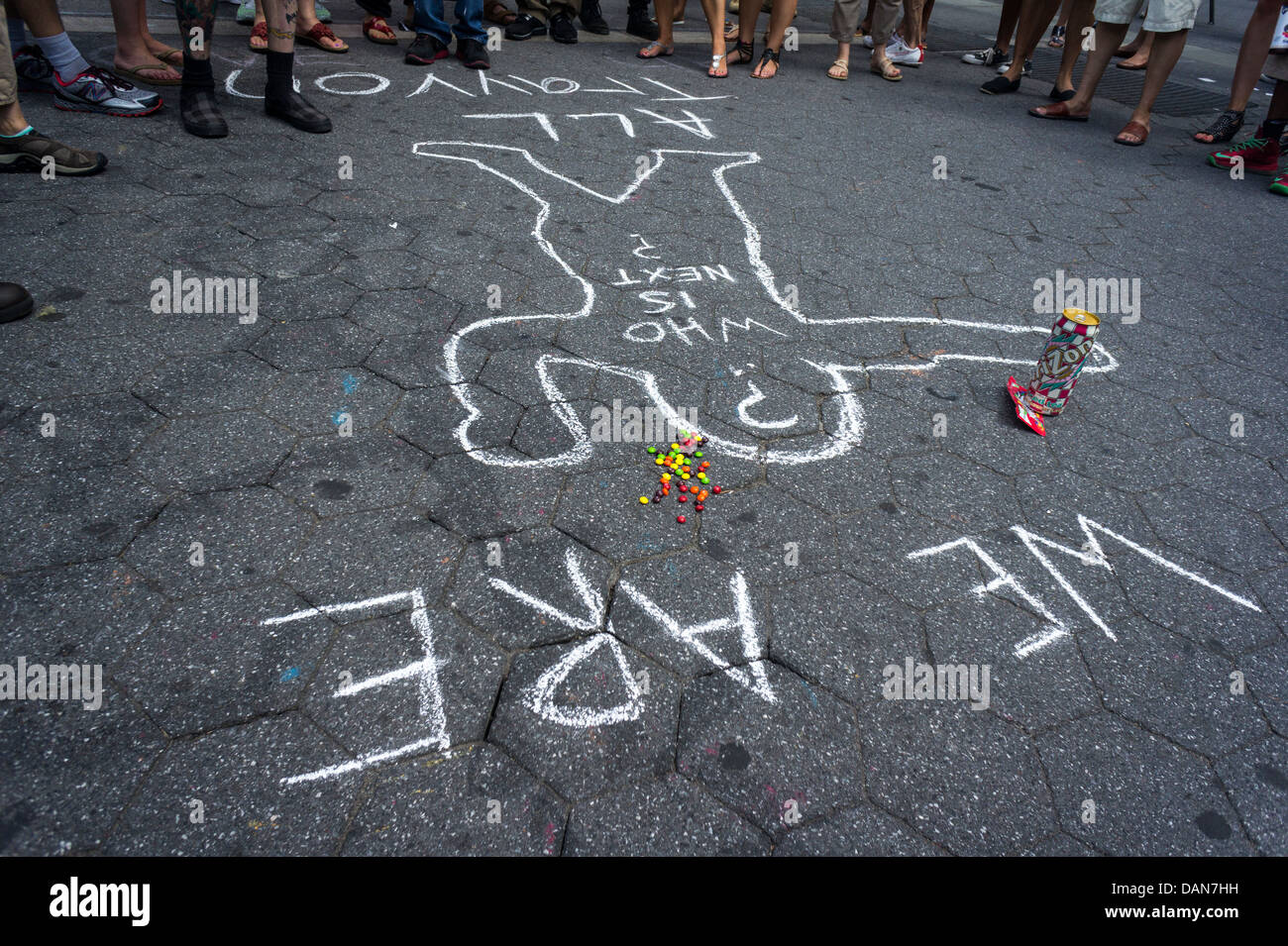 Activists protest in Union Square Park in New York against the previous day's verdict in the trial of George Zimmerman Stock Photo
