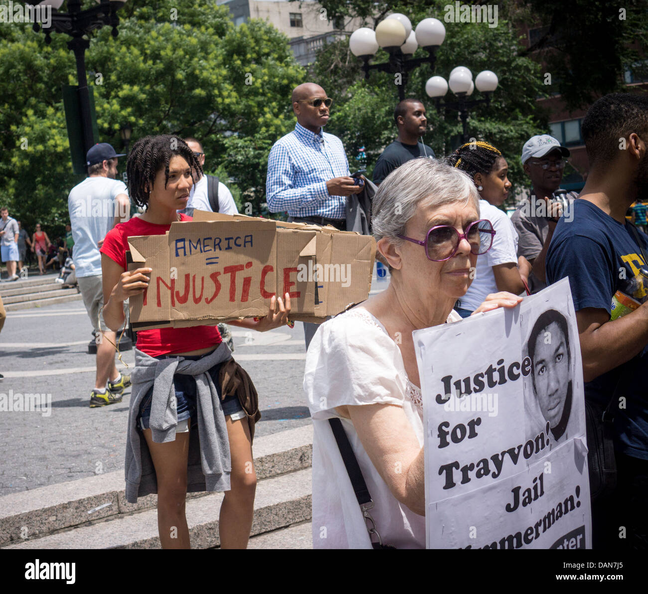 Activists protest in Union Square Park in New York against the previous day's verdict in the trial of George Zimmerman Stock Photo