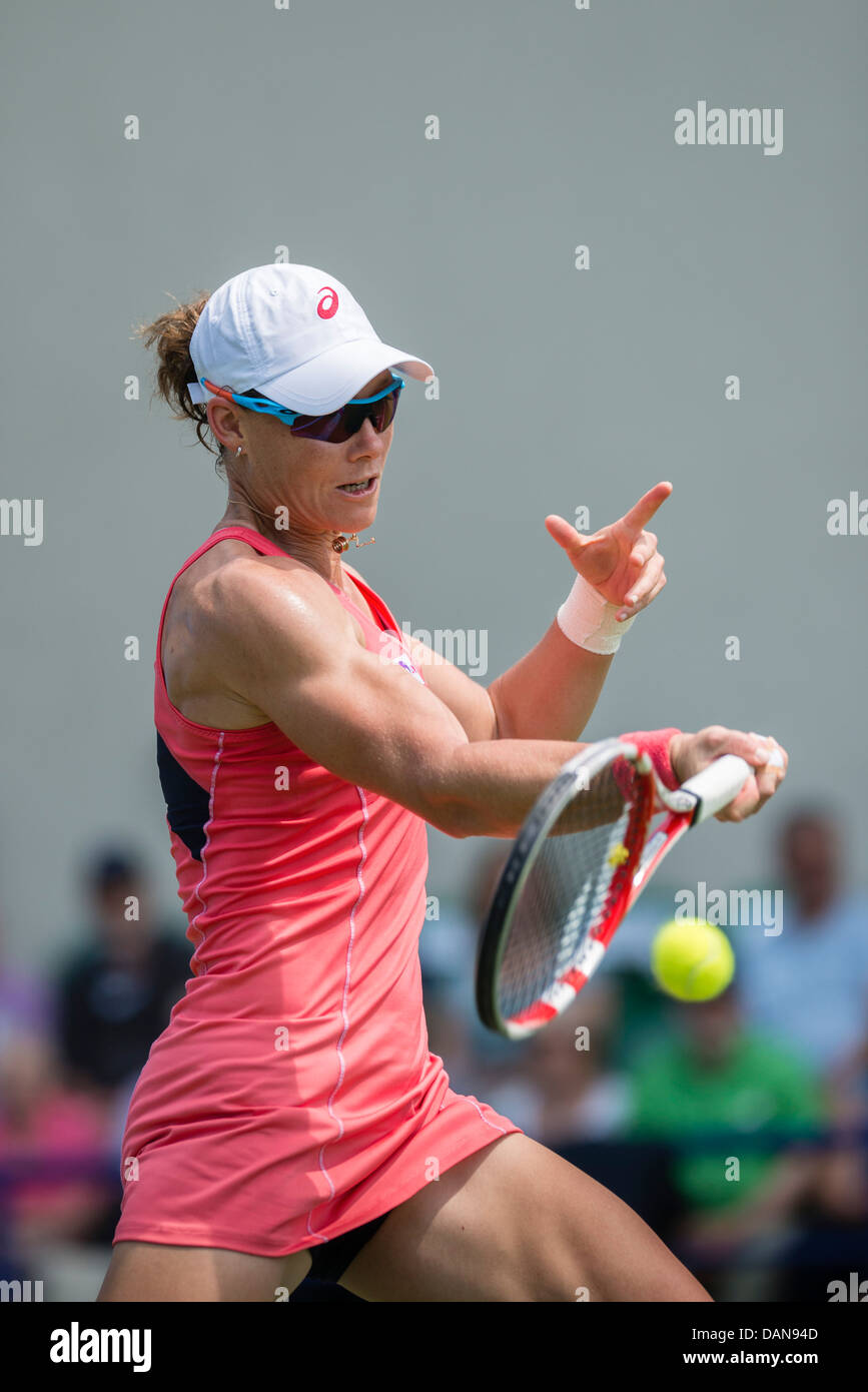 Samantha Stosur of Australia in action playing single handed forehand shot during singles match Stock Photo