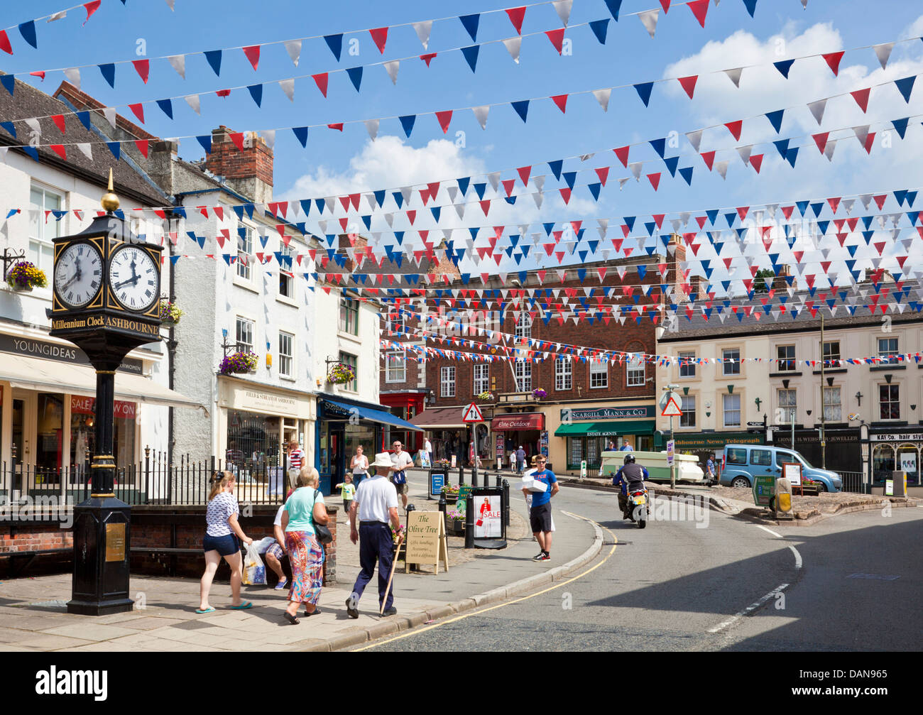 Town centre decked with bunting and millennium clock Ashbourne Derbyshire England UK GB EU Europe Stock Photo