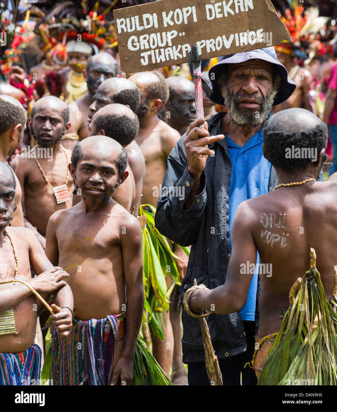 Young boys with shaved heads from the Ruldi Kopi Dekan tribe in the Jiwaka Province at the Goroka Festival, Papua New Guinea Stock Photo