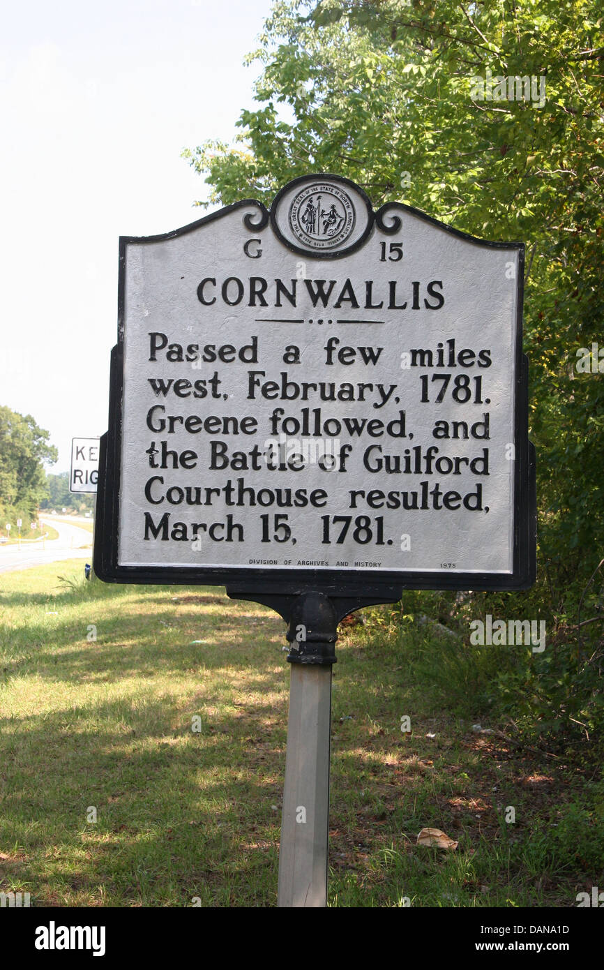 CORNWALLIS  Passed a few miles west, February, 1781. Greene followed, and the Battle of Guilford Courthouse resulted, March 15, Stock Photo