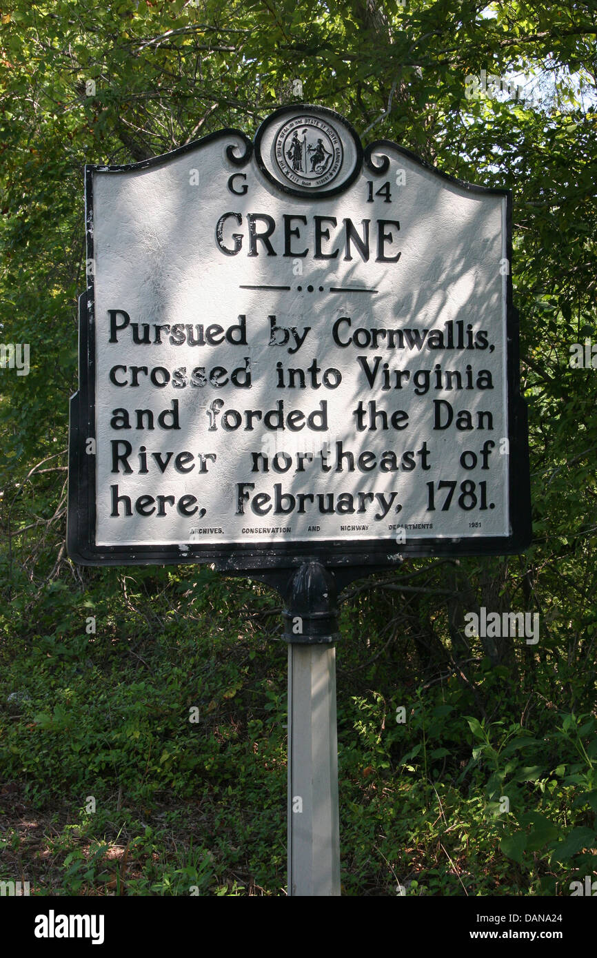 GREENE Pursued by Cornwallis, crossed into Virginia and forded the Dan River northeast of here, February, 1781. Archives, Conservation and Highway Departments, 1951 Stock Photo