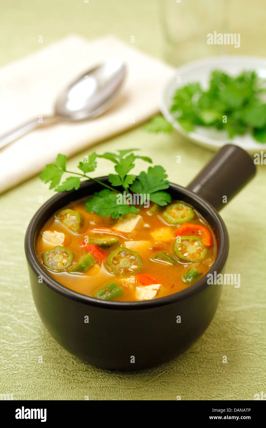 Okra and tofu soup. Recipe available. Stock Photo