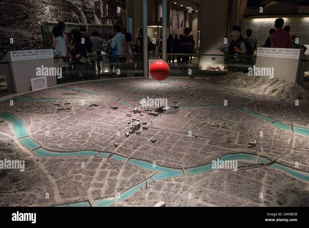 Map of Hiroshima after the Nuclear Explosion in Hiroshima Peace Memorial Museum. The Red Ball Depicts the Hypocenter, Japan Stock Photo