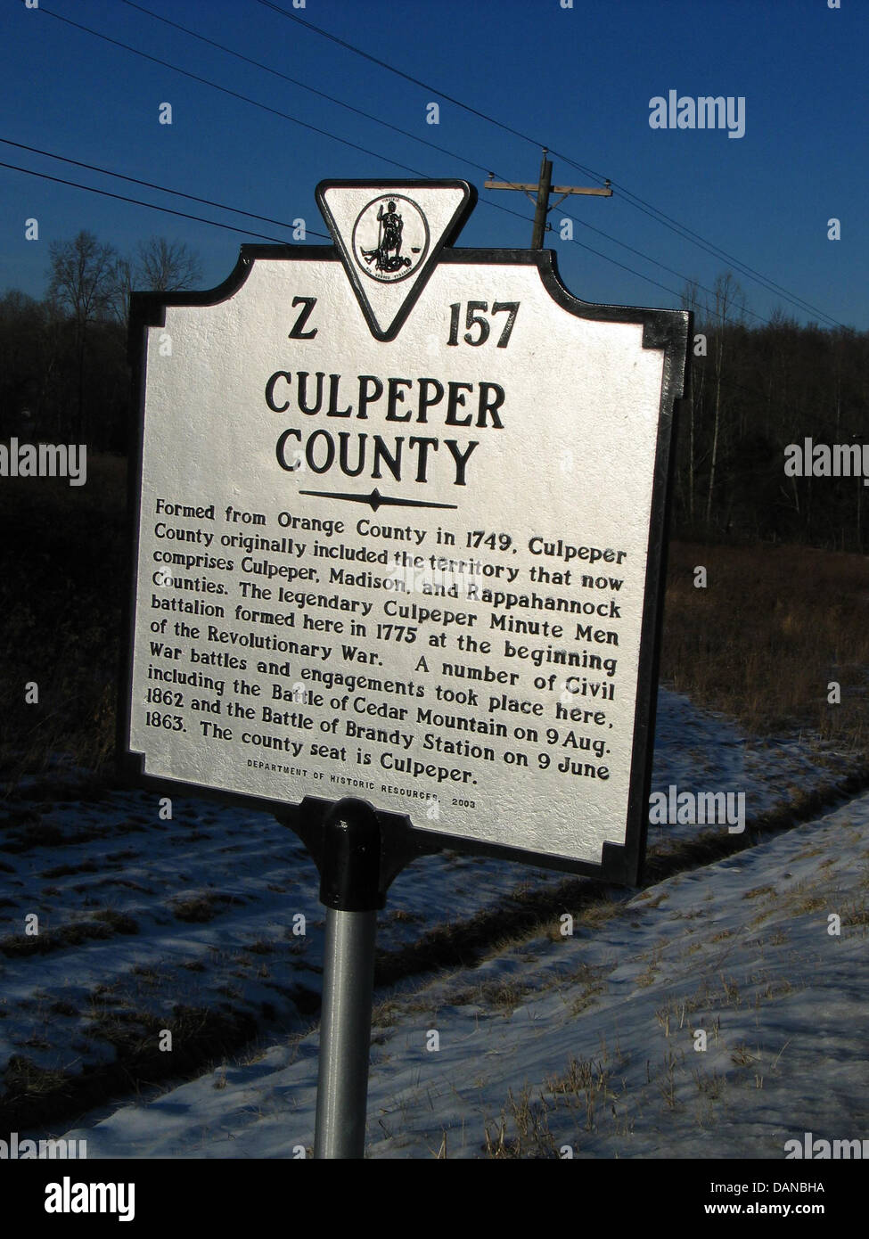 CULPEPER COUNTY Formed from Orange County in 1749, Culpeper County originally included the territory that now comprises Culpeper, Madison, and Rappahannock Counties. The legendary Culpeper Minute Men battalion formed here in 1775 at the beginning of the Revolutionary War. A number of Civil War battles and engagements took place here, including the Battle of Cedar Mountain on 9 Aug. 1862 and the Battle of Brandy Station on 9 June 1863. The county seat is Culpeper. Department of Historic Resources, 2003 Stock Photo