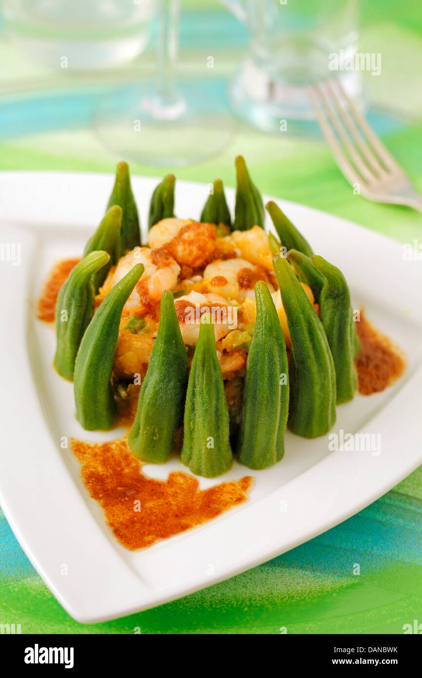 Okra with prawns. Recipe available Stock Photo Alamy