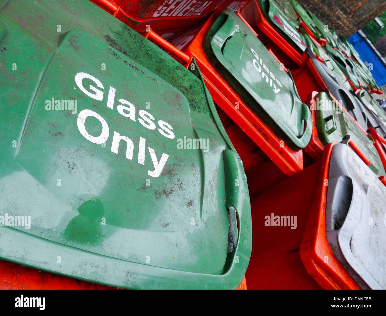 Glass only recycling bins in the centre of York, England. Stock Photo
