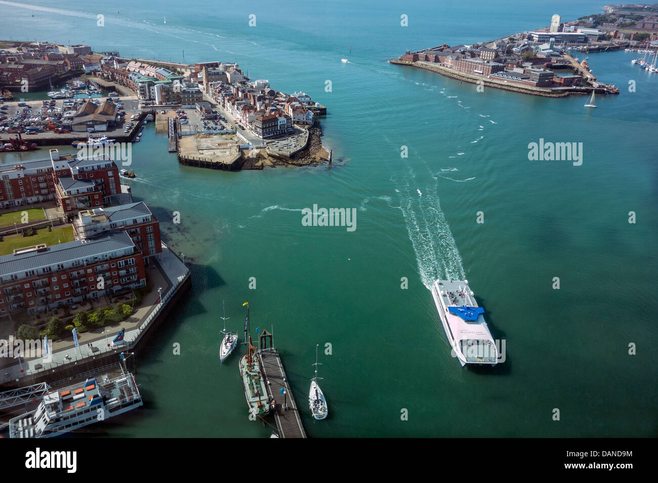 Portsmouth Harbour from the Spinnaker Tower Viewing Window. A Wightlink Ferry has just entered the harbour. Stock Photo