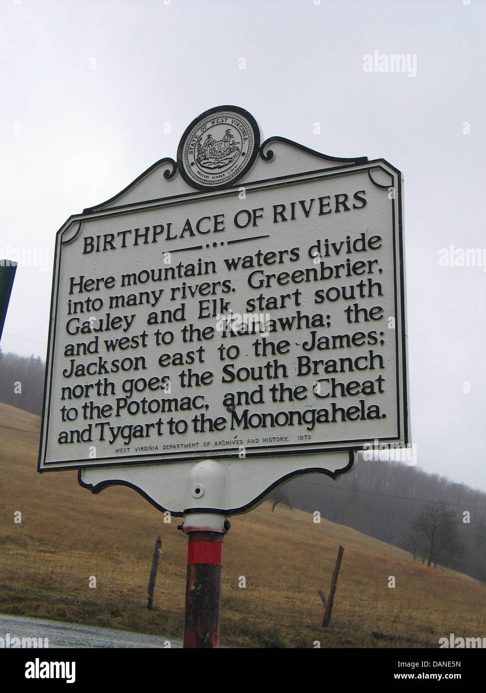 BIRTHPLACE OF RIVERS Here mountain waters divide into many rivers. Greenbrier, Gauley and Elk start south and west to the Kanawha; the Jackson east to the James; north goes the South Branch to the Potomac, and the Cheat and Tygart to the Monongahela. West Virginia Department of Archives and History, 1973. Stock Photo