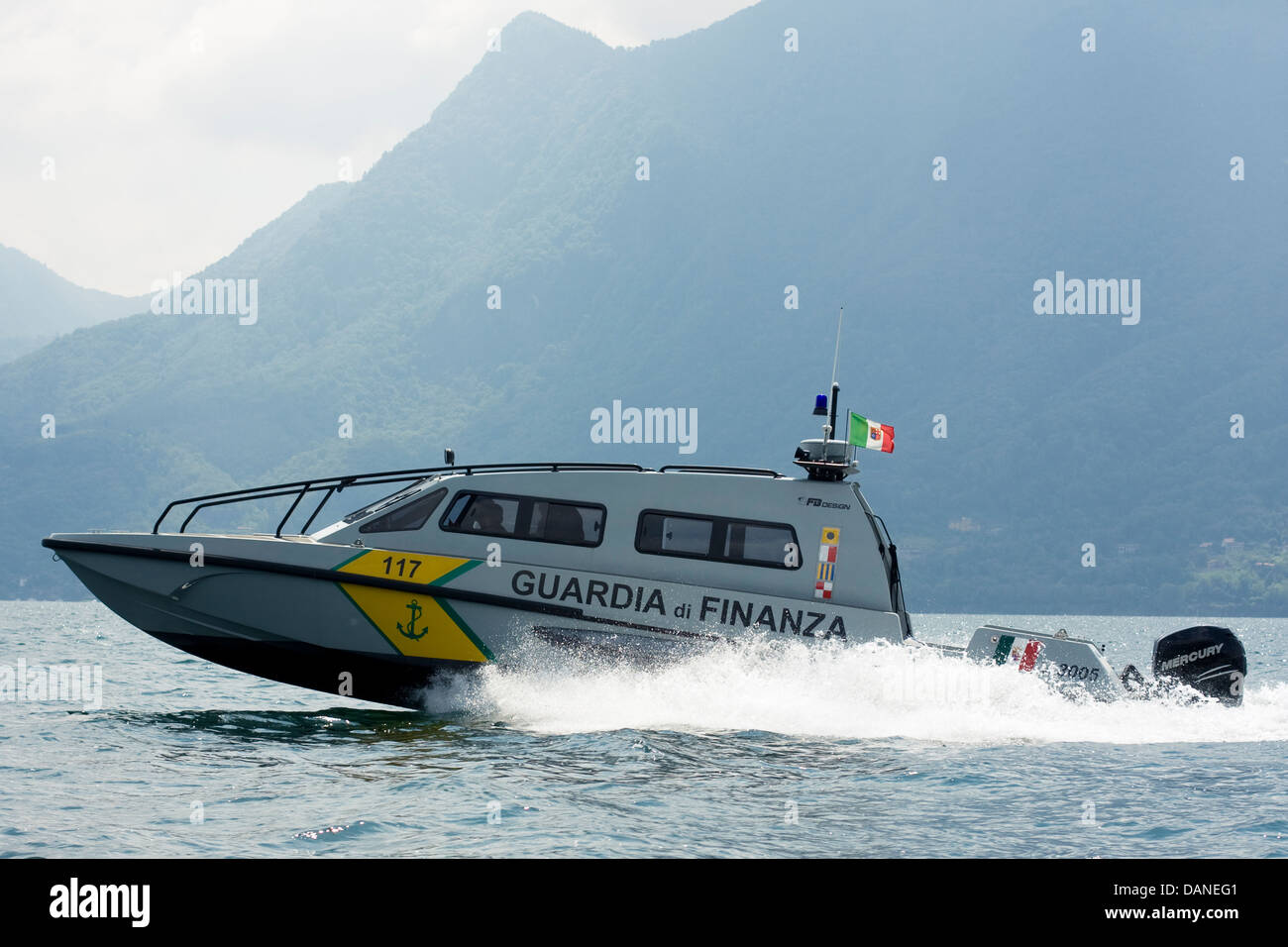 High speed patrol boat FB Design of Guardia di Finanza on Swiss/Italian border, Lake Maggiore. Stock Photo