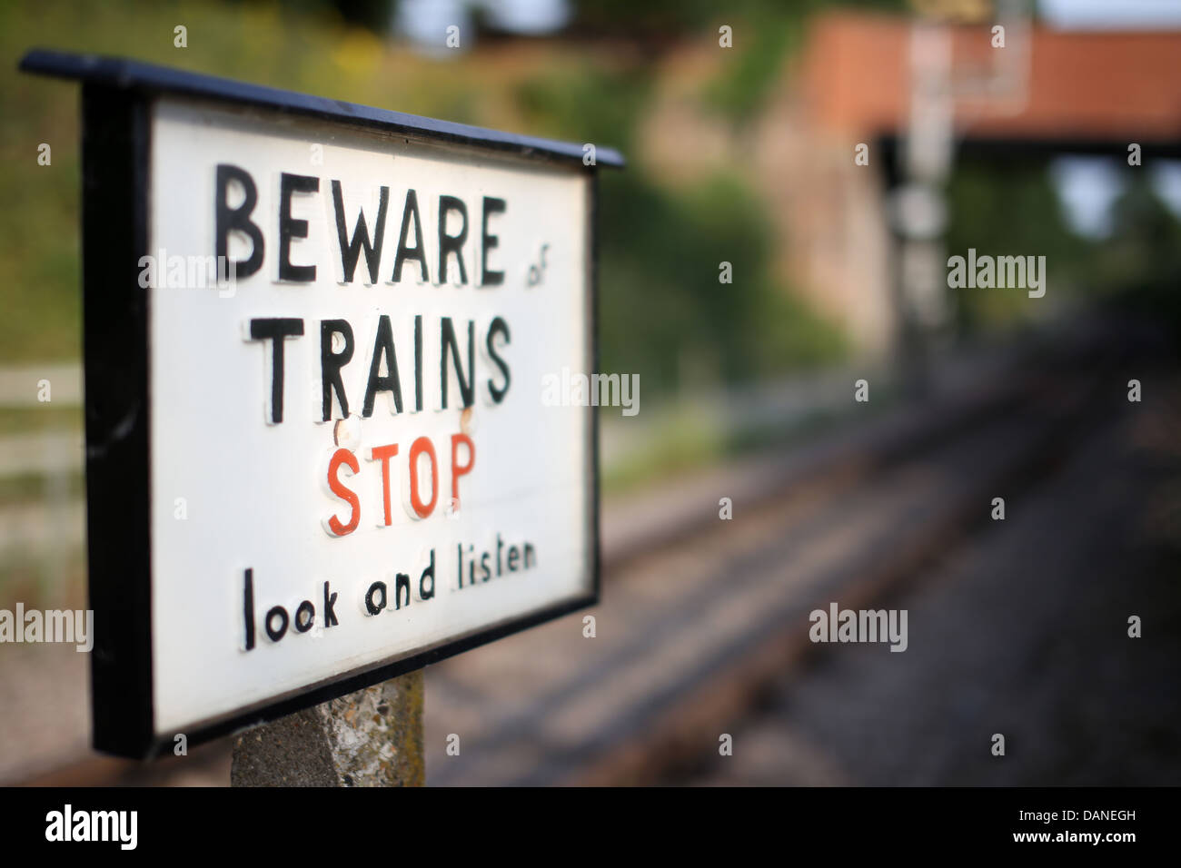 Beware of trains sign Stock Photo