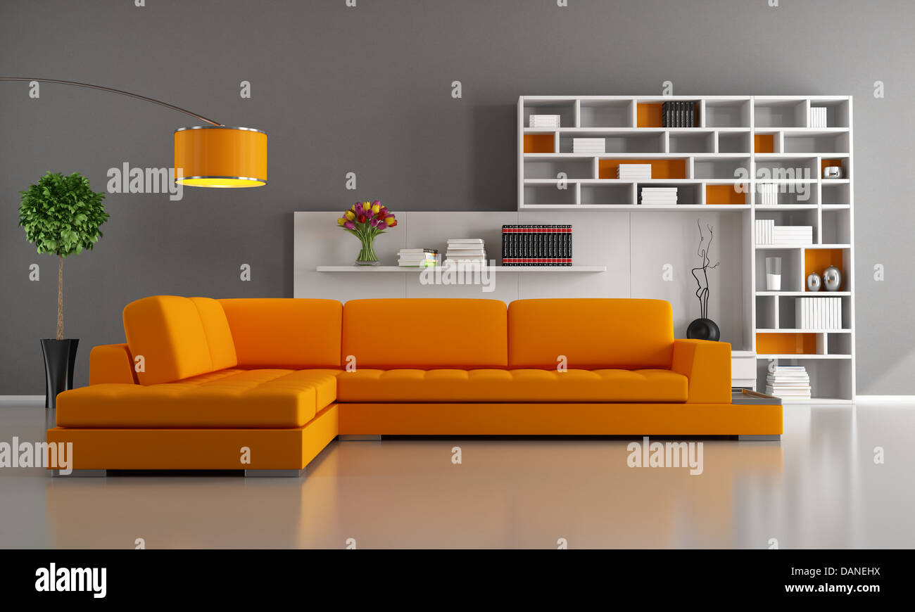 Contemporary living-room with orange sofa and bookcase - rendering Stock  Photo - Alamy