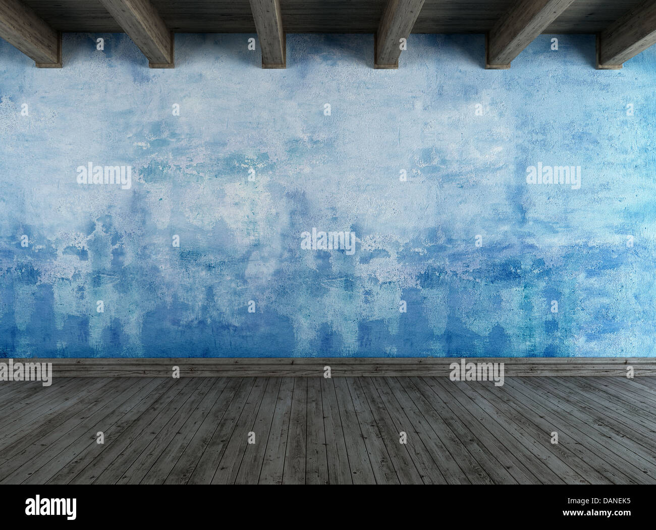Empty blue grunge room with wooden ceiling Stock Photo
