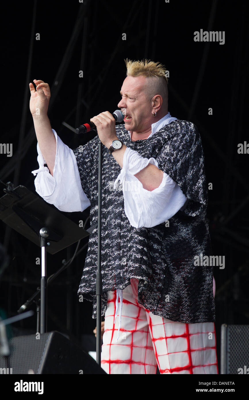 John Lydon, (Johnny Rotten), Performing with the punk band Public Image Ltd, Glastonbury Festival 2013, Somerset, England, UK. Stock Photo