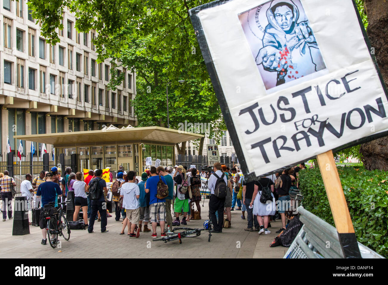London, UK. 16th July, 2013. Protesters demonstrate outside the US embassy in London against the acquittal of George Zimmerman who shot 17 year-old Trayvon Martin in Florida. Credit:  Paul Davey/Alamy Live News Stock Photo
