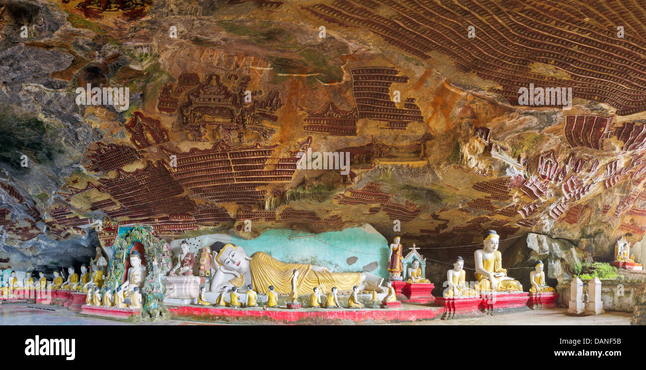 interior of Kawgun buddhist cave panorama,decorated with buddhas, carvings and stupas, Hpa An, Burma Stock Photo