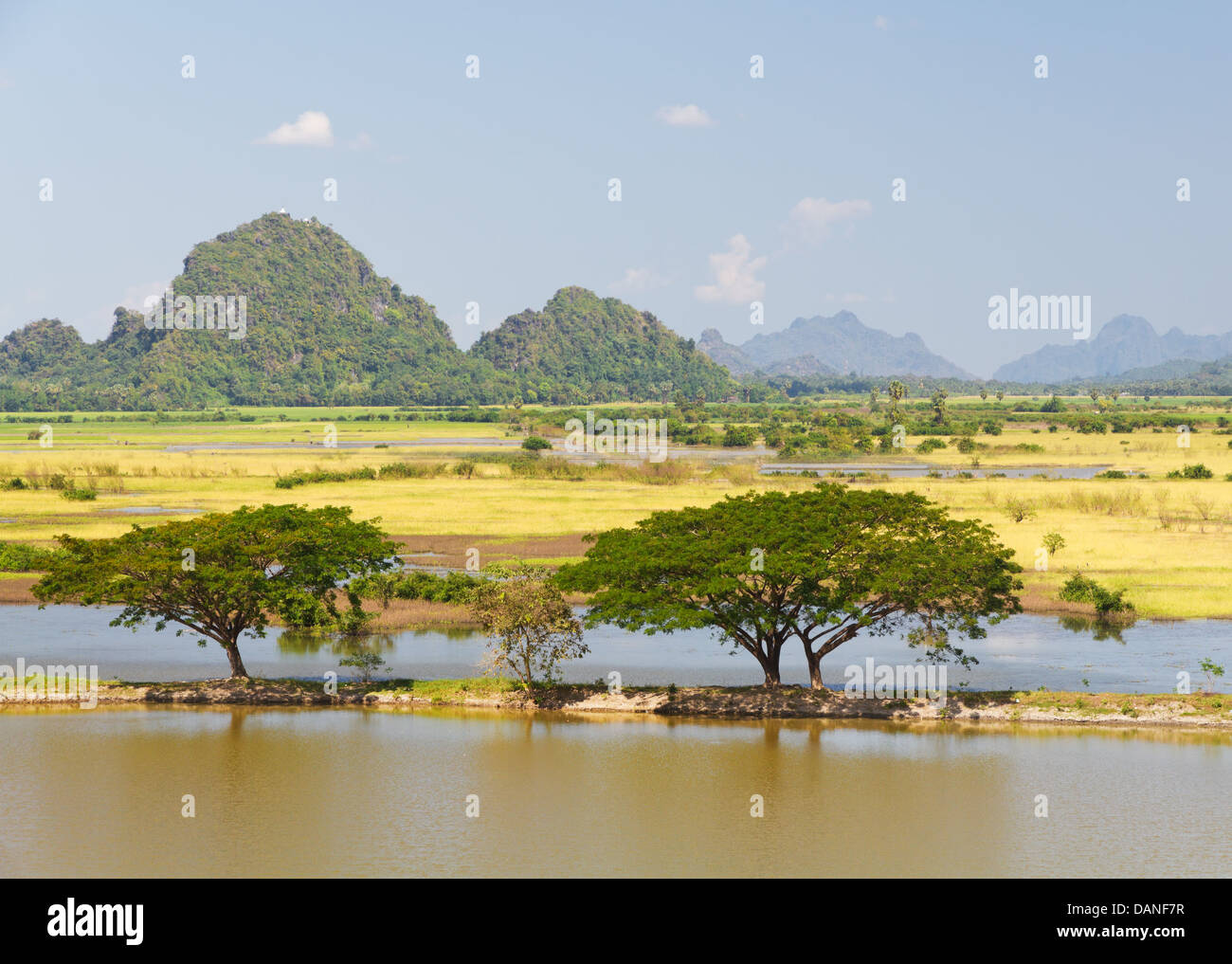 burmese countryside with water golden an flooded rice fields, trees and kart mountain ranges, Burma Stock Photo