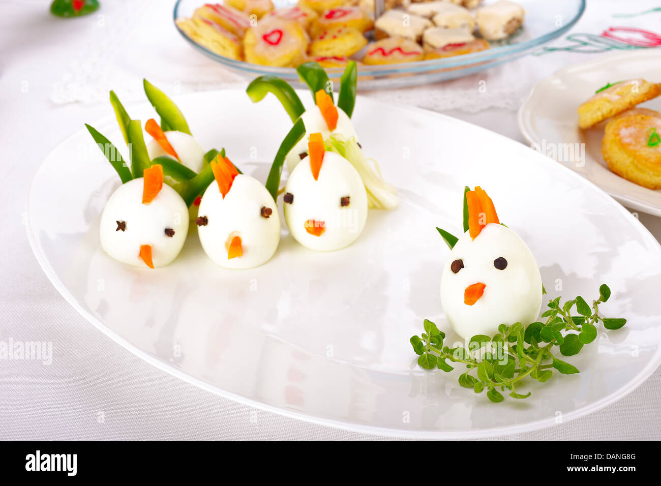 Chickens made from hard boiled eggs Stock Photo Alamy