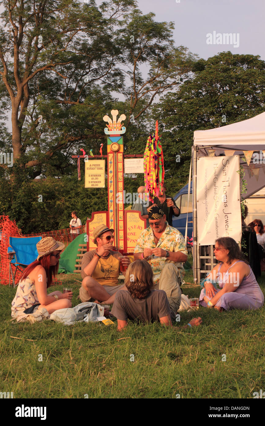 Priddy Folk Festival Somerset fans enjoy the evening sunshine July 2013 Stock Photo
