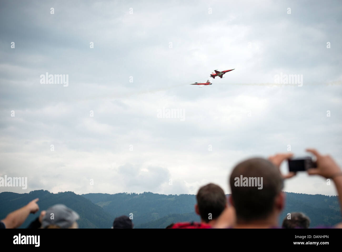ZELTWEG, AUSTRIA - JUNE 28 2013: Flight show of Patrouille Suisse team at Airpower 2013 airshow Stock Photo