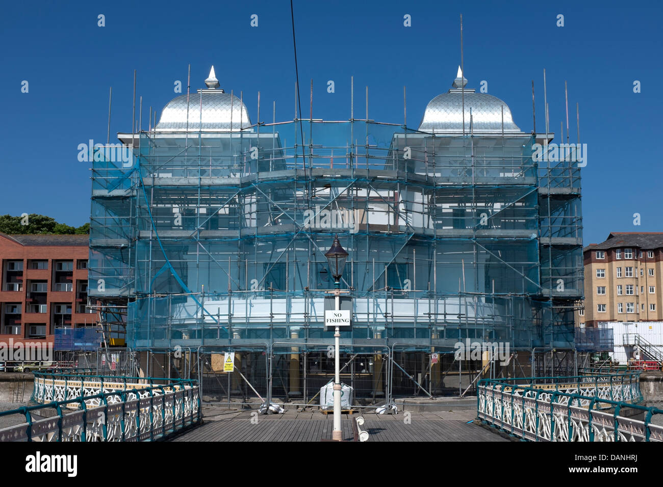 Pavilion Redevelopment with Scaffolding covering Pavilion Building at the entrance to at Penarth Pier in penarth South Wales UK Stock Photo