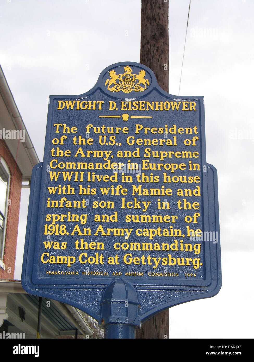 DWIGHT D. EISENHOWER The future President of the U.S., General of the Army, and Supreme Commander in Europe in WWII lived in this house with his wife Mamie and infant son Icky in the spring and summer of 1918. An Army captain, he was then commanding Camp Colt at Gettysburg. Pennsylvania Historical and Museum Commission, 1994 Stock Photo