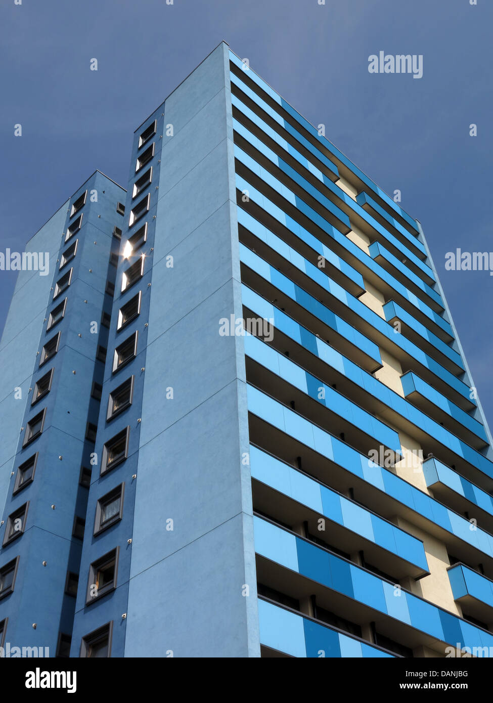 Large residential city tower blocks West Midlands near Wolverhampton England UK - painted blue and Teal Stock Photo