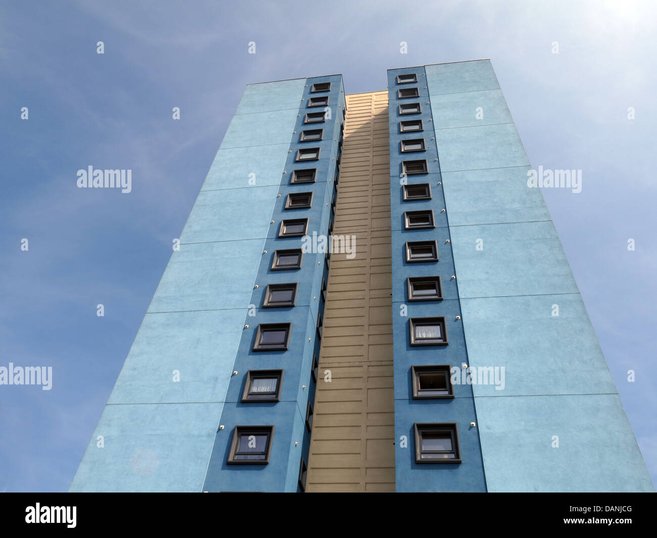 Large residential city tower blocks West Midlands near Wolverhampton England UK - painted blue and Teal Stock Photo