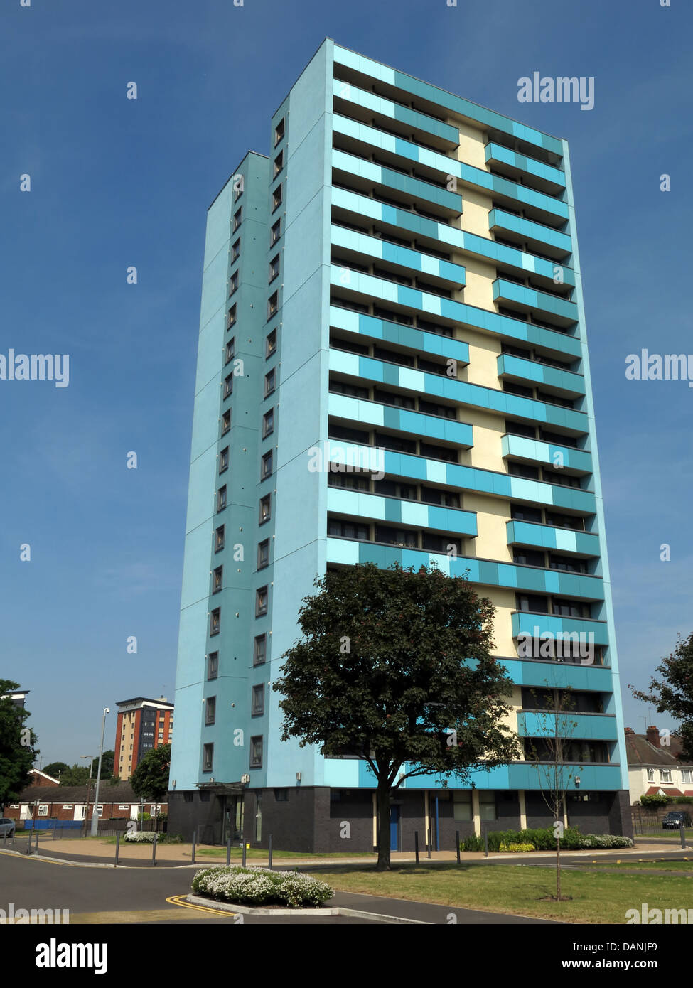 Large residential city tower blocks West Midlands near Wolverhampton England UK - painted blue and Teal Stock Photo