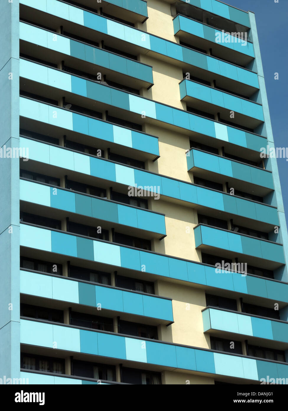 Large residential city tower blocks West Midlands near Wolverhampton England UK - painted blue and Teal Stock Photo