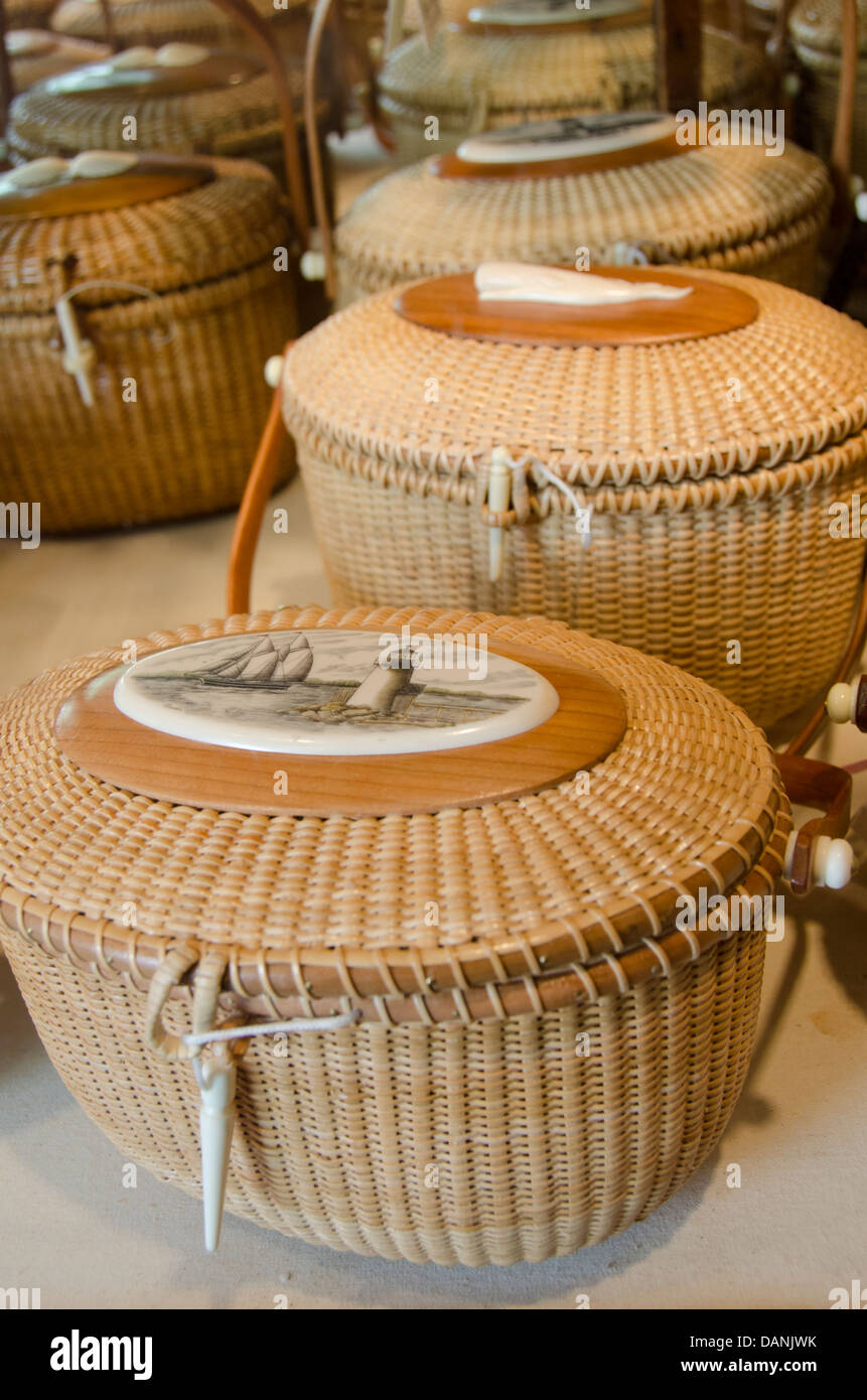 Massachusetts, Nantucket. Traditional Nantucket baskets with carved