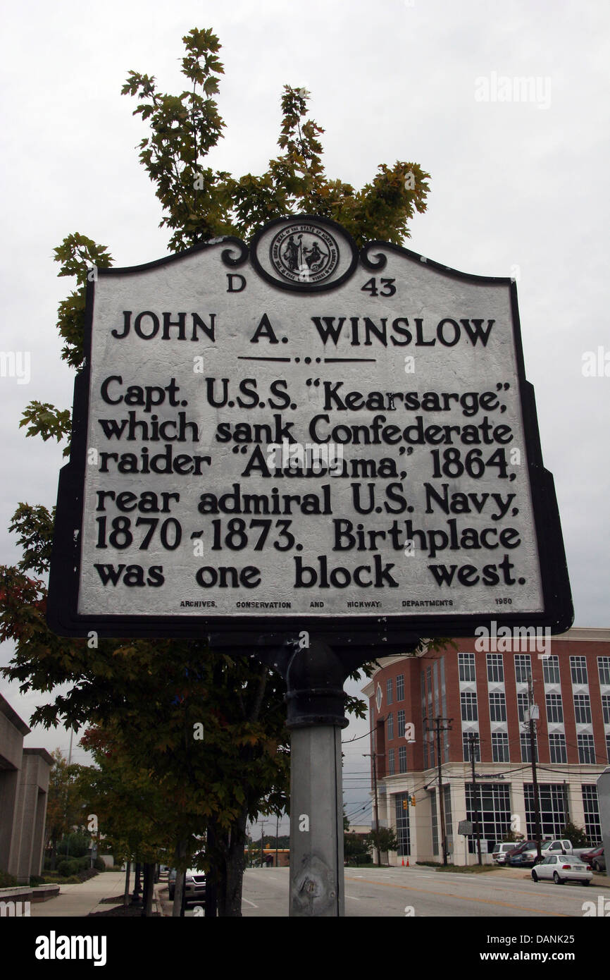 JOHN A. WINSLOW Capt. U.S.S. 'Kearsarge,' which sank Confederate raider 'Alabama,' 1864, rear admiral U.S. Navy, 1870-1873. Birthplace was one block west. Archives, Conservation and Highway Departments, 1950 Stock Photo