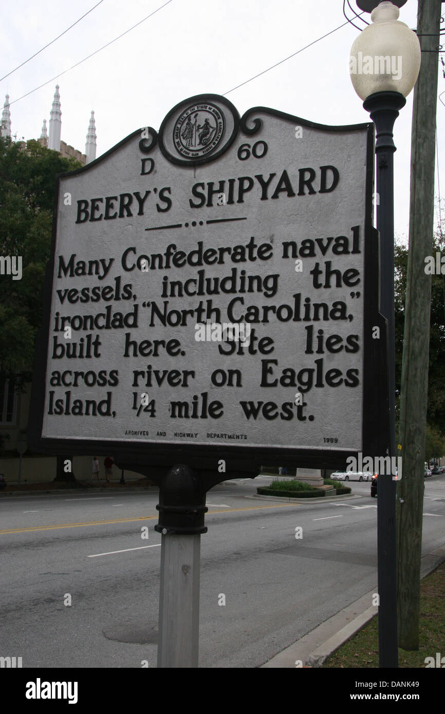 BEERY'S SHIPYARD Many Confederate naval vessels, including the ironclad 'North Carolina,' built here. Site lies across river on Eagles Island, 1/4 mile west. Archives and Highway Departments, 1959 Stock Photo