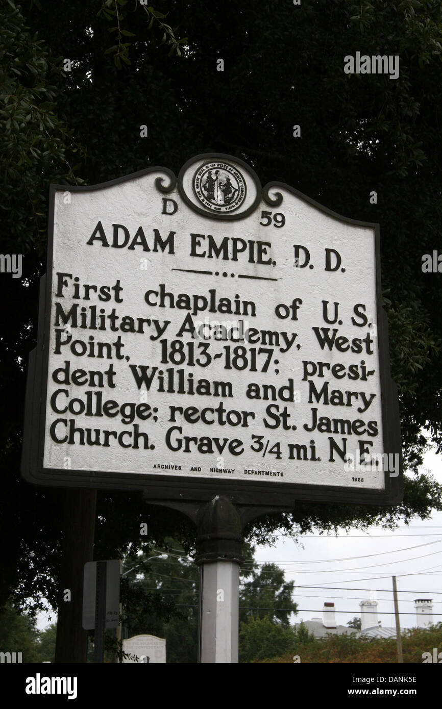 ADAM EMPIE, D.D. First chaplain of U.S. Military Academy, West Point, 1813-1817; president William and Mary College; rector St. James Church. Grave 3/4 mi. N.E. Archives and Highway Departments, 1956 Stock Photo