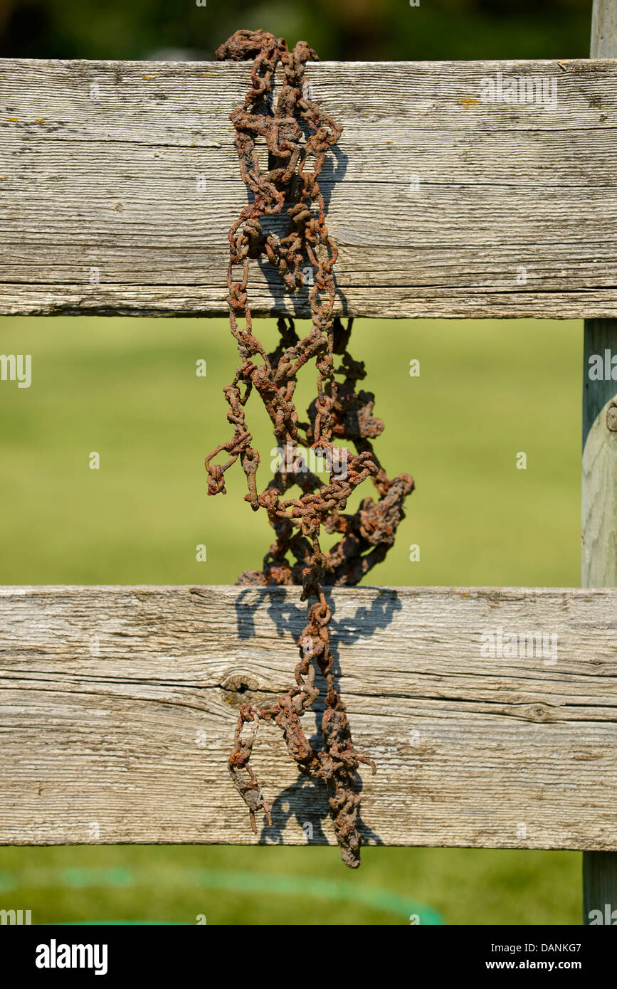 Old rusty tire chains hanging on a fence on a farm in Oregon's Wallowa