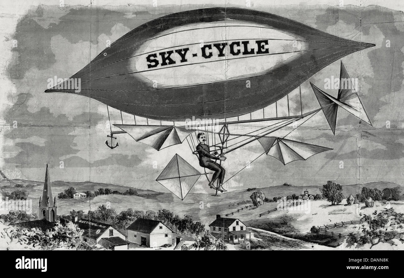 Sky cycle - Flying machine / Balloon, circa 1892 Stock Photo