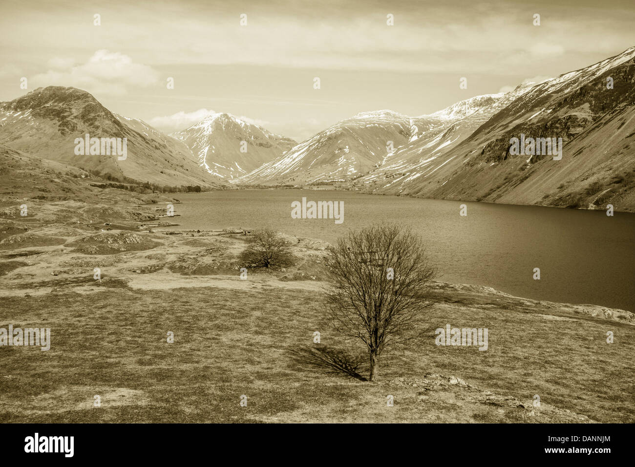 Great Gable, Lingmell and Scafell Pike from Wast water in the Lake district, Cumbria. Stock Photo