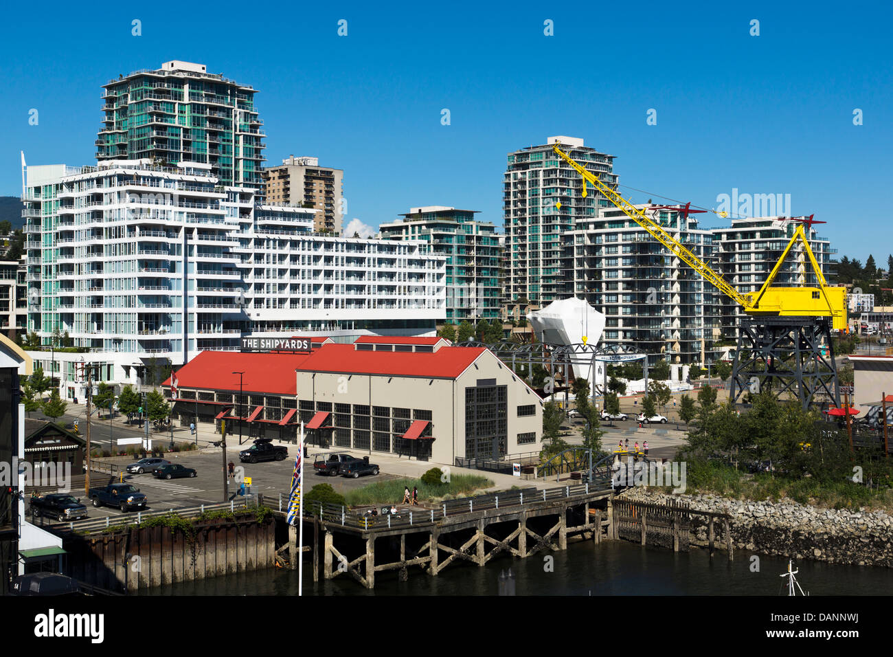 Old Wallace Shipyard site, now Pinnacle Hotel, condos and waterfront. North Vancouver, British Columbia, Canada. Stock Photo