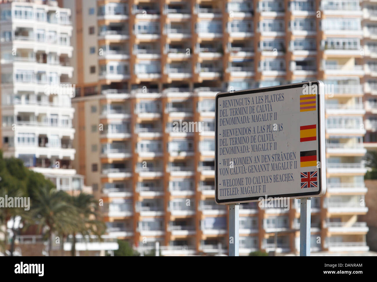 A sign saying welcome is seen in the beach of Magaluf, Majorca, Spain. Stock Photo