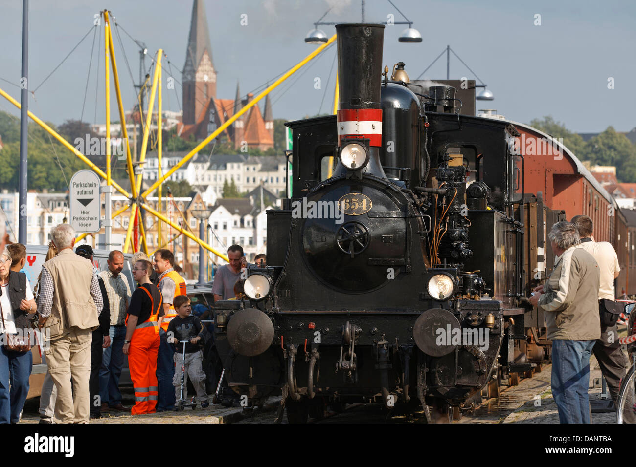 A Danish type F steam locomotive sits the pier in Flensburg, Germany, 08 July 2011. Along with many other steamships and other steam driven engines, the event 'Dampf Rundum' is the largest steamer spectacle in Europe, according to the event organizers. Photo: Markus Scholz Stock Photo