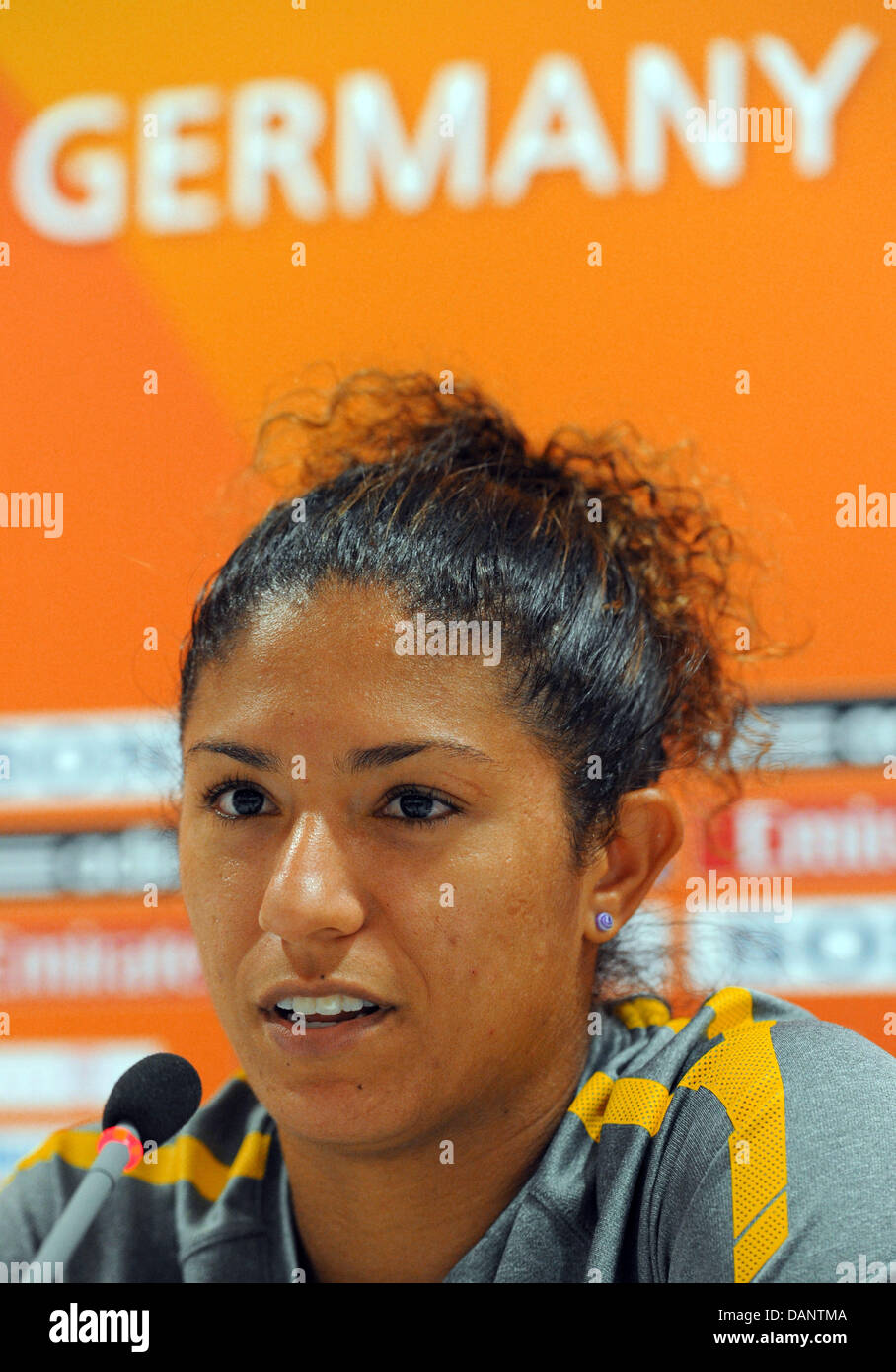 Cristiane of Brazil speaks during a press conference of the team in Dresden, Germany, 09 July 2011. Brazil faces the USA in the quarter-final match of the FIFA Women's World Cup in Dresden on 10 July 2011. Foto: Thomas Eisenhuth dpa  +++(c) dpa - Bildfunk+++ Stock Photo