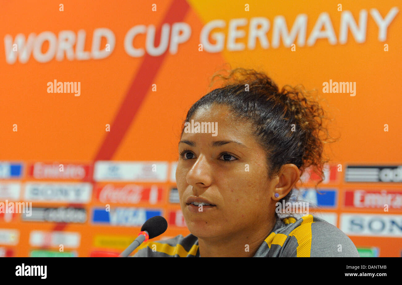 Cristiane of Brazil speaks during a press conference of the team in Dresden, Germany, 09 July 2011. Brazil faces the USA in the quarter-final match of the FIFA Women's World Cup in Dresden on 10 July 2011. Foto: Thomas Eisenhuth dpa  +++(c) dpa - Bildfunk+++ Stock Photo