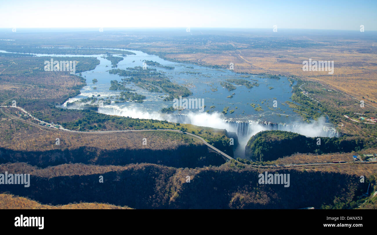 Zambezi river at Victoria Falls, a World Heritage Site, border between Zimbabwe and Zambia, and a world famous tourist resort Stock Photo