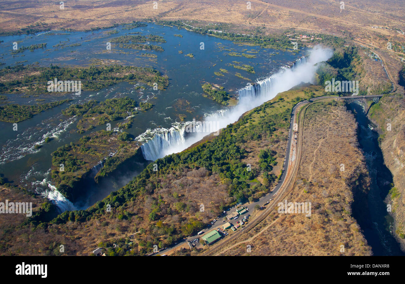 Zambezi river at Victoria Falls, a World Heritage Site, border between Zimbabwe and Zambia, and a world famous tourist resort Stock Photo
