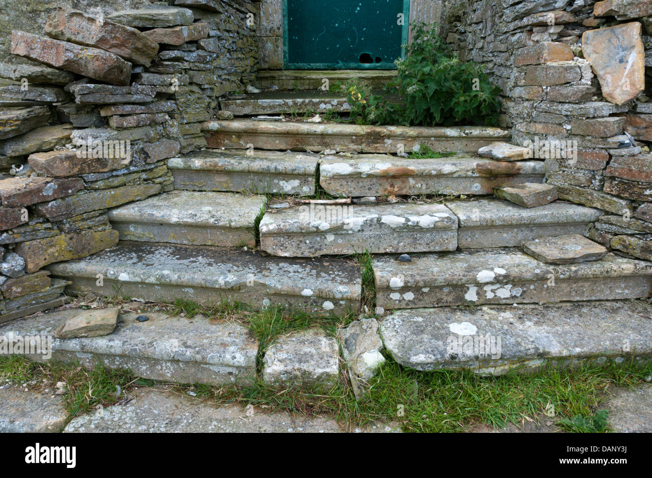 A flight of old stone steps outside the Hall of Clestrain on Orkney. Stock Photo
