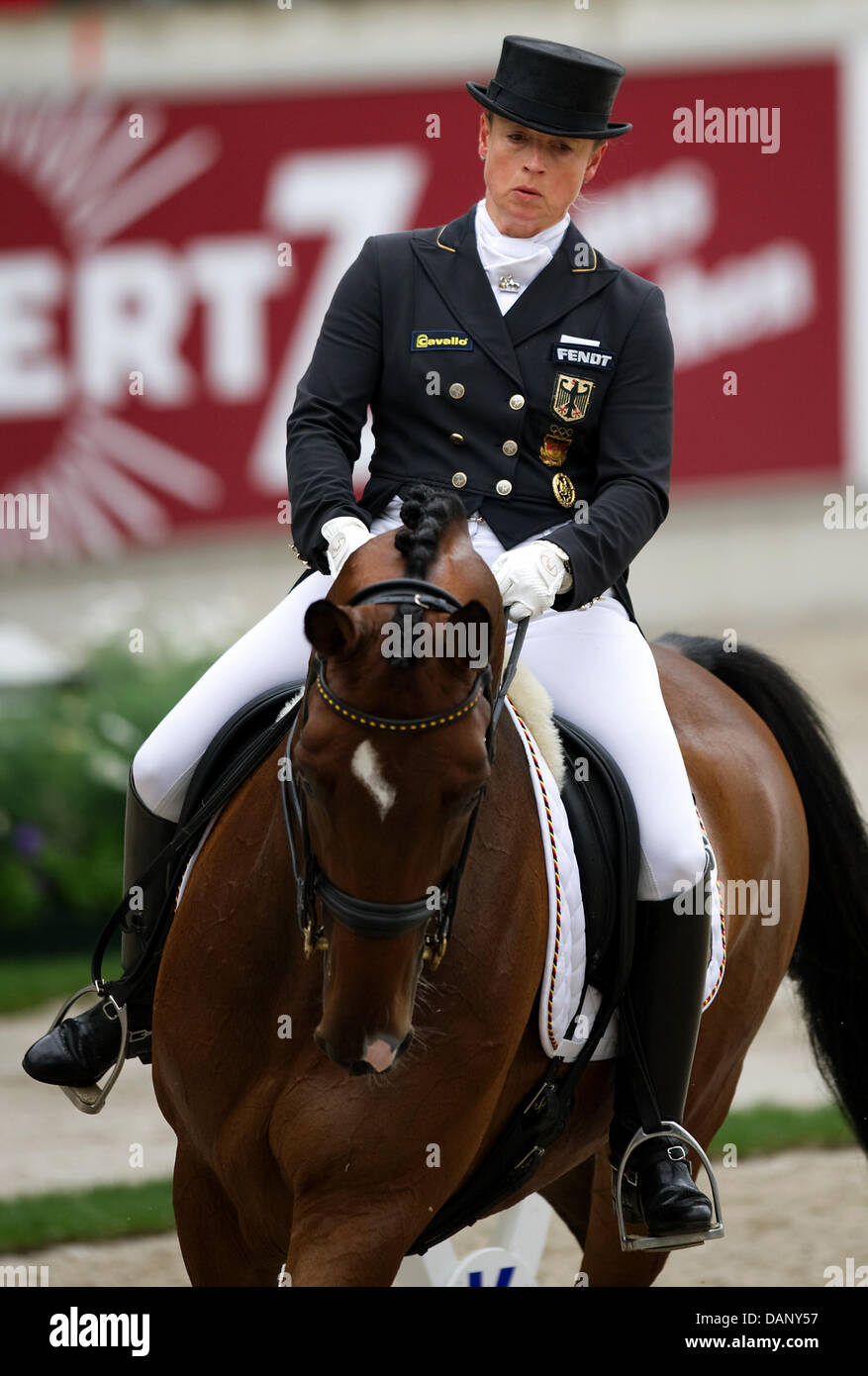 German Isabell Werth rides El Santo during the dressage riding at the CHIO in Aachen, Germany, 14 July 2011. Isabell Werth finished third. The 'World Equestrian Festival' takes place from 08 to 17 July 2011. Photo: Uwe Anspach Stock Photo
