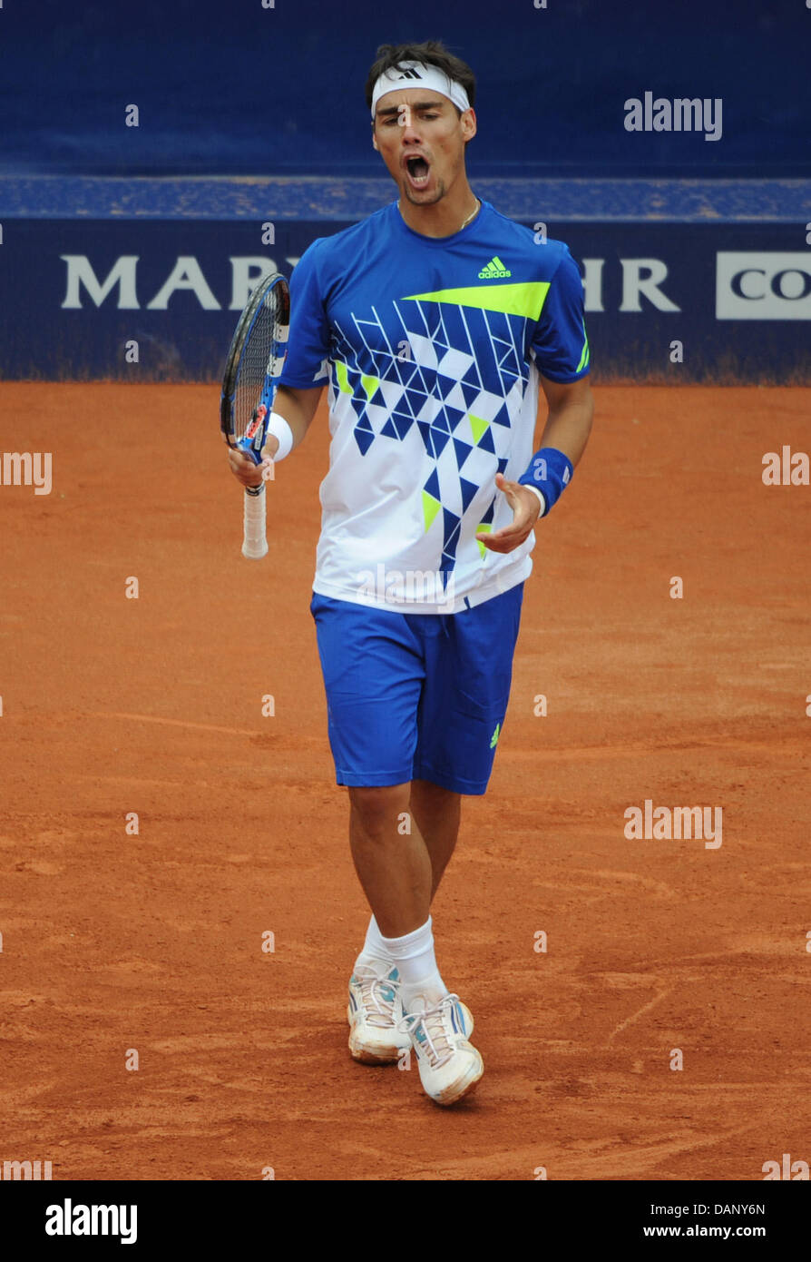 Fabio Fognini from Italy shows anger during the ATP World Tour round of 16 match against Stebe from Germany at the Tennis Club Weissenhof in Stuttgart, Germany, 14 July 2011. Photo: Marijan Murat Stock Photo
