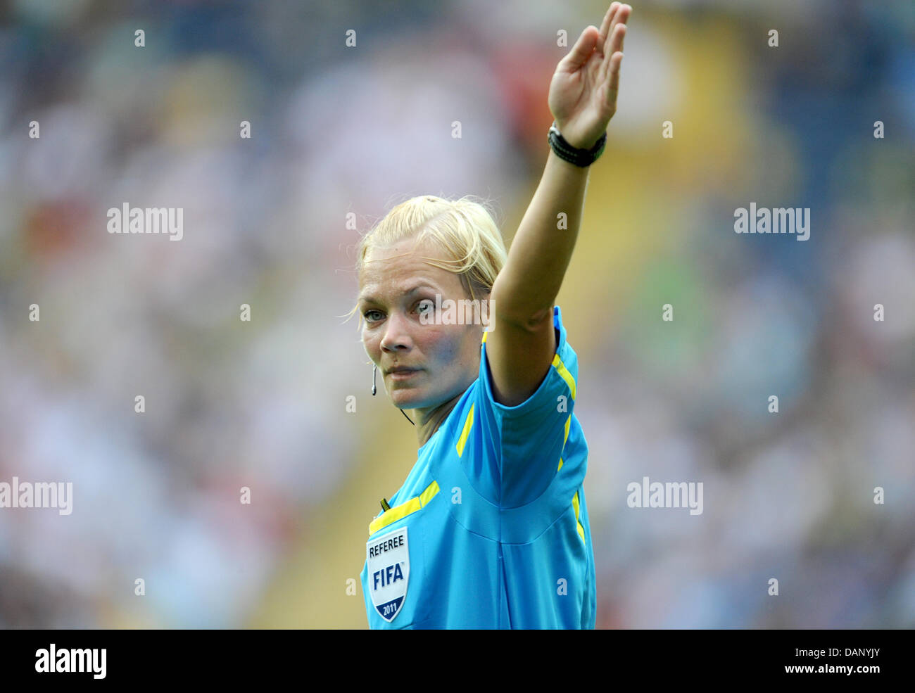 (FILE) - A file picture taken on 6 July 2011 shows soccer referee Bibiana Steinhaus during a FIFA Women's World Cup match of Brazil versus Ecuatorial Guinea in Frankfurt, Germany. Steinhaus will be referee in the finale of the world cup on 15 July 2011. The German soccer union's head of the referee commission, Fandel, stated that the DFB was proud and happy about the nomination. St Stock Photo