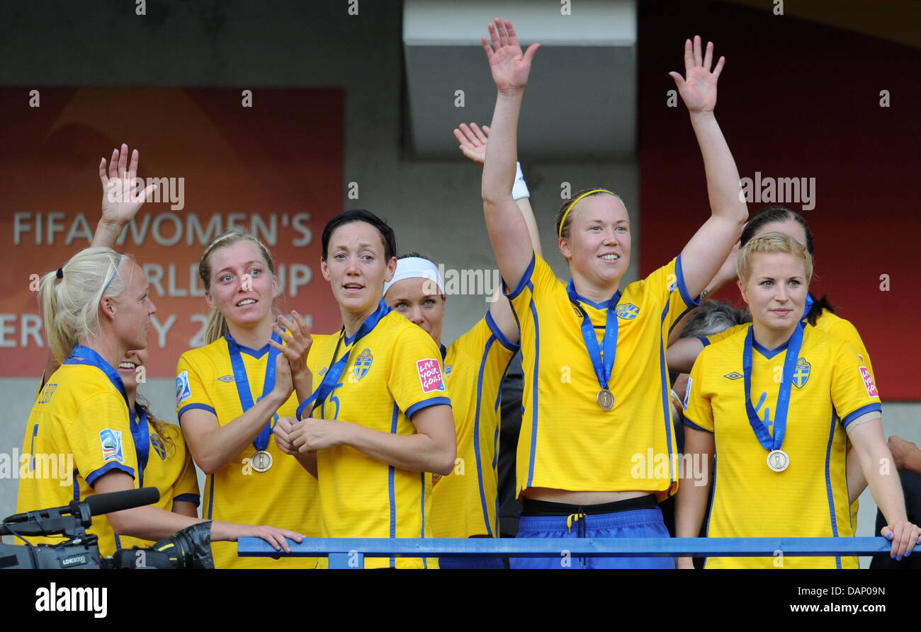 Sweden's team celebrates after winning the FIFA Women's World Cup third